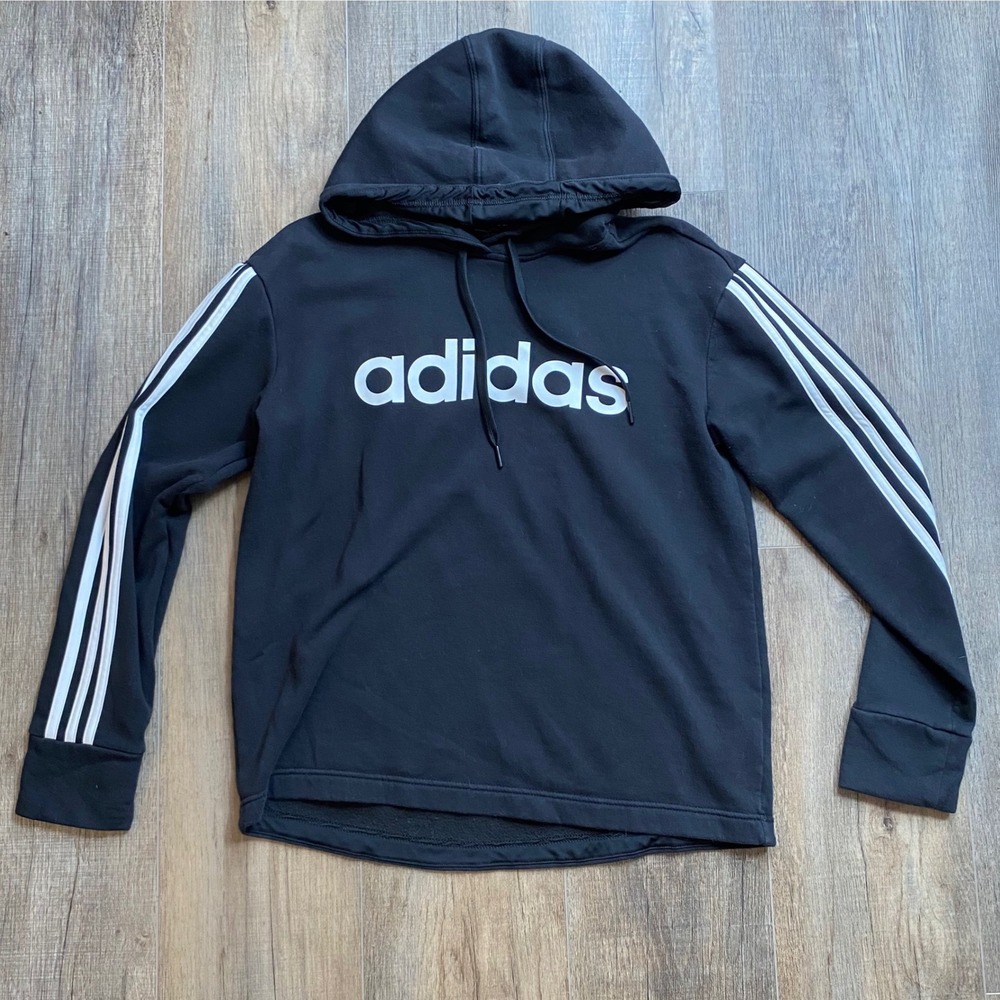 Adidas Womens Black 3-Stripe Fleece Pullover Hoodie Logo Sweatshirt Large (L)